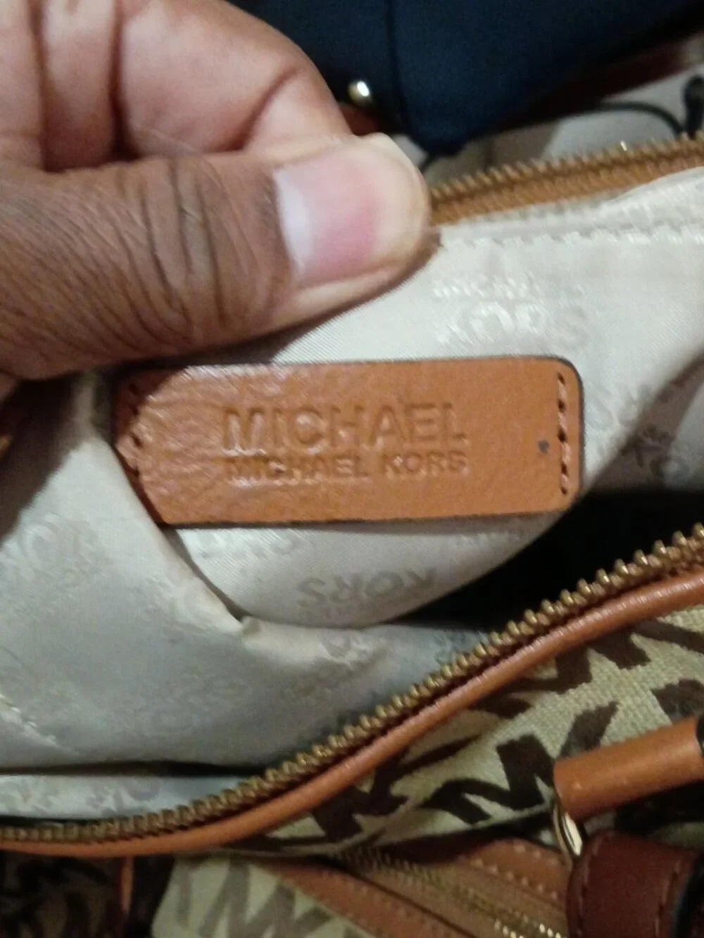 MICHAEL KORS Large Satchel MK Signature Tangerine Leather Jacquard Bag Canvas